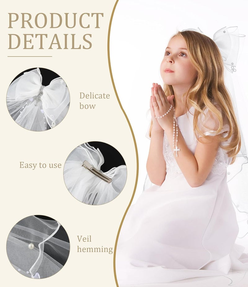 VULETO First Communion Veil Gifts for Girls Catholic White Bow Veil and Headpiece Accessories Set 1st Communion Easter Dress - Image 2